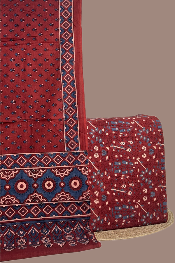 Red - 2pc Ajrakh HandCrafted Cotton Dupatta and Top Cotton Fabric Set Red - 2pc Ajrakh HandCrafted Cotton Dupatta and Top Cotton Fabric Set - Image 1