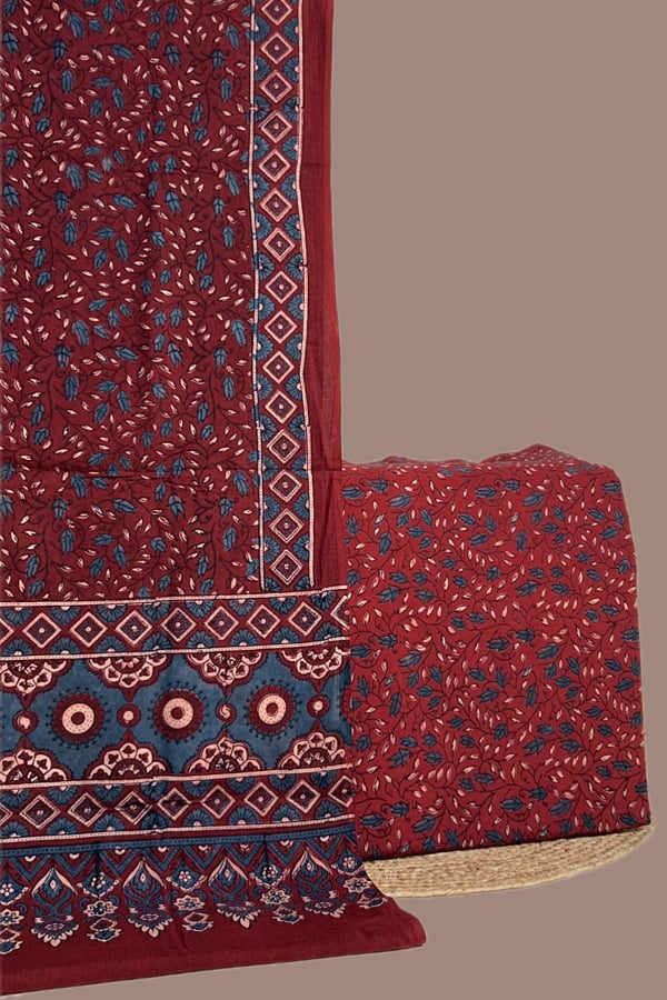 Red - 2pc Ajrakh HandCrafted Cotton Dupatta and Top Cotton Fabric Set Red - 2pc Ajrakh HandCrafted Cotton Dupatta and Top Cotton Fabric Set - Image 1