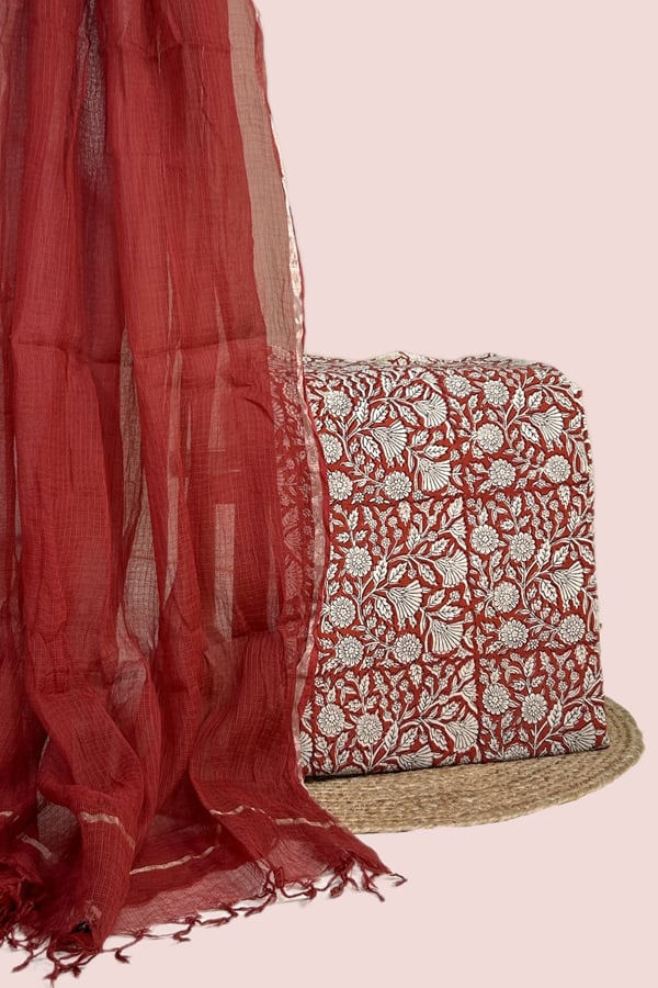 Red - 2pc Kota Doria Dupatta and Bagru HandBlock Pure Cotton Set Red - 2pc Kota Doria Dupatta and Bagru HandBlock Pure Cotton Set - Image 1