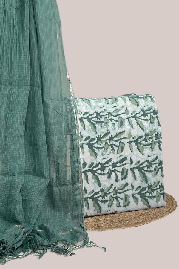 Green - 2pc Kota Doria Dupatta and Bagru HandBlock Pure Cotton Set