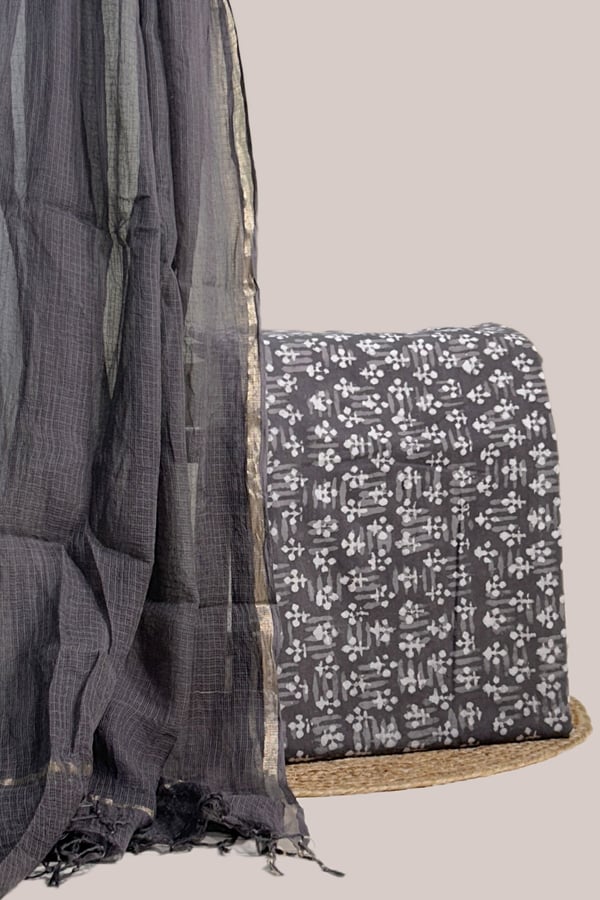 Gray - 2pc Kota Doria Dupatta and Bagru HandBlock Pure Cotton Set