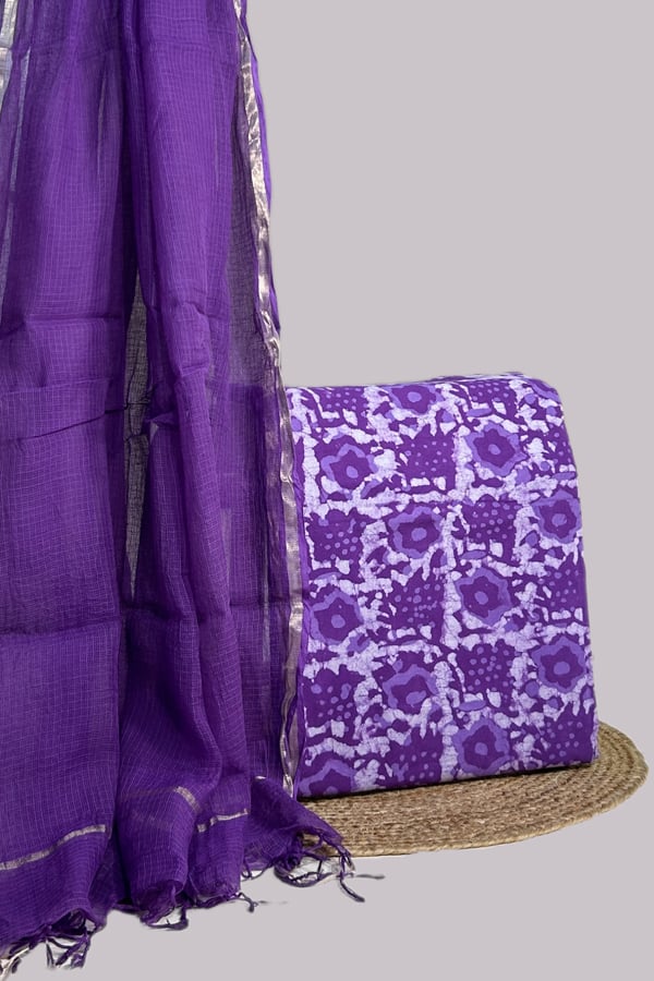 Purple - 2pc Kota Doria Dupatta and Bagru HandBlock Pure Cotton Set Purple - 2pc Kota Doria Dupatta and Bagru HandBlock Pure Cotton Set - Image 1