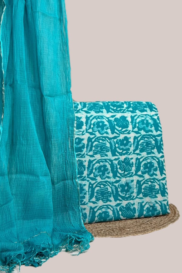 Blue - 2pc Kota Doria Dupatta and Bagru HandBlock Pure Cotton Set Blue - 2pc Kota Doria Dupatta and Bagru HandBlock Pure Cotton Set - Image 1
