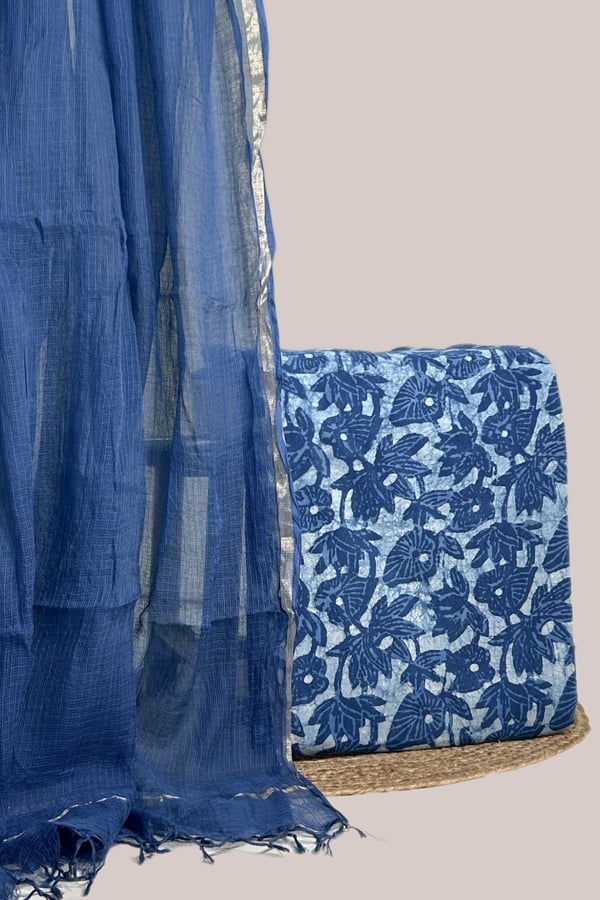 Blue - 2pc Kota Doria Dupatta and Bagru HandBlock Pure Cotton Set Blue - 2pc Kota Doria Dupatta and Bagru HandBlock Pure Cotton Set - Image 1