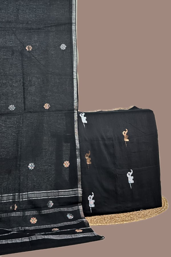 Black - 2Pc Handloom Cotton Dupatta with COTTONSILK Woven Motif Top Fabric Set Black - 2Pc Handloom Cotton Dupatta with COTTONSILK Woven Motif Top Fabric Set - Image 1