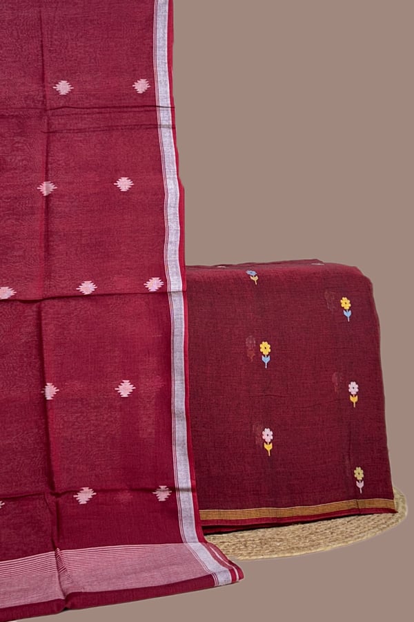 Maroon - 2pc Handloom Cotton Dupatta and Handloom Woven Design Top Fabric Set Maroon - 2pc Handloom Cotton Dupatta and Handloom Woven Design Top Fabric Set - Image 1