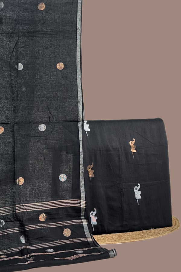 Black - 2Pc Handloom Cotton Dupatta with COTTONSILK Woven Motif Top Fabric Set Black - 2Pc Handloom Cotton Dupatta with COTTONSILK Woven Motif Top Fabric Set - Image 1
