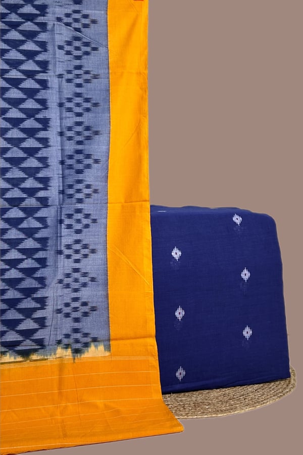 Blue - 2pc Ikkat Cotton Dupatta and Handloom Woven Motif Cotton Top Fabric Set Blue - 2pc Ikkat Cotton Dupatta and Handloom Woven Motif Cotton Top Fabric Set - Image 1