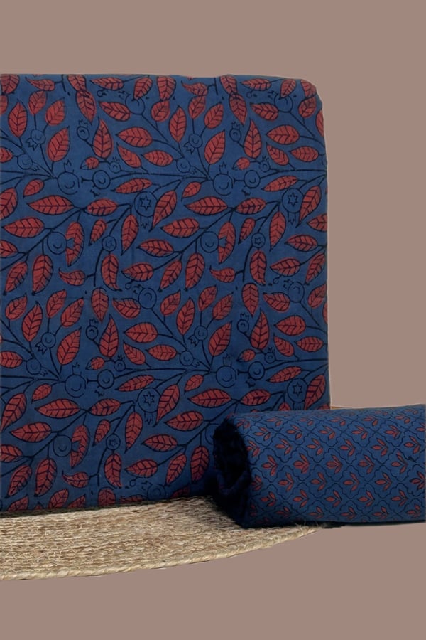 Blue - 2pc Ajrakh HandCrafted Cotton Top and Bottom Cotton Fabric Set