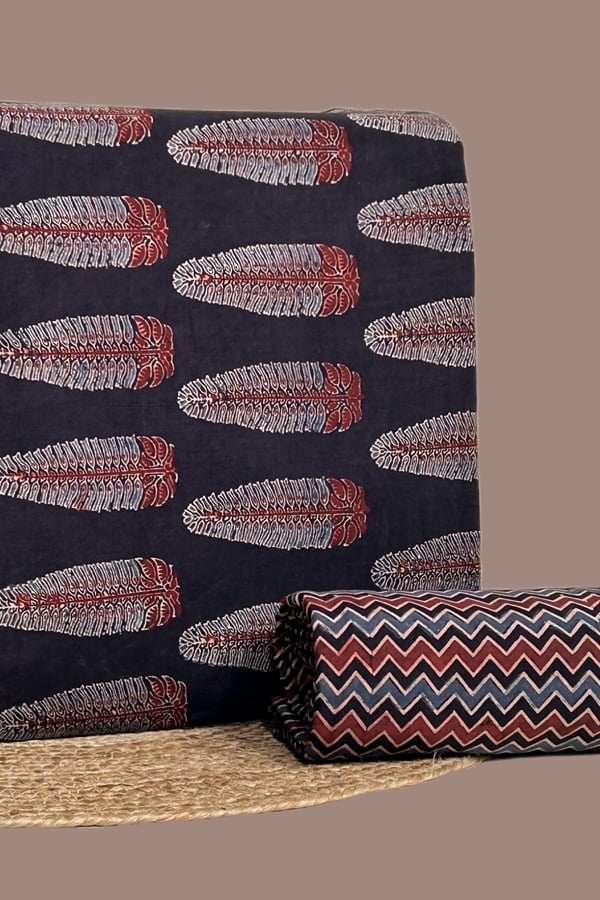 Black - 2pc Ajrakh HandCrafted Cotton Top and Bottom Cotton Fabric Set Black - 2pc Ajrakh HandCrafted Cotton Top and Bottom Cotton Fabric Set - Image 1