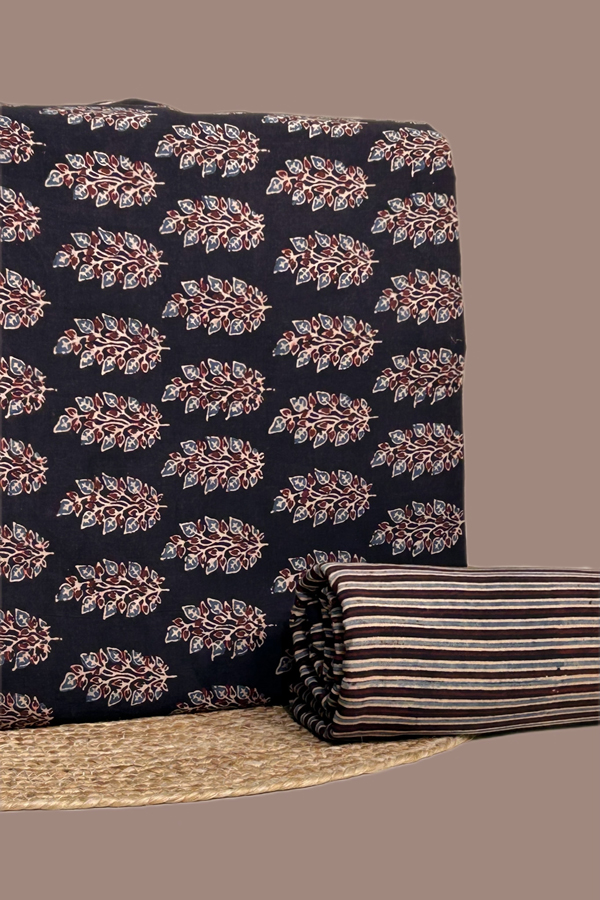 Black - 2pc Ajrakh HandCrafted Cotton Top and Bottom Cotton Fabric Set Black - 2pc Ajrakh HandCrafted Cotton Top and Bottom Cotton Fabric Set - Image 1