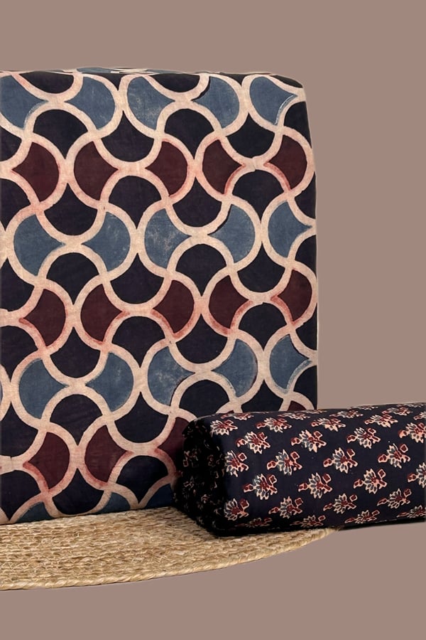 Black - 2pc Ajrakh HandCrafted Cotton Top and Bottom Cotton Fabric Set Black - 2pc Ajrakh HandCrafted Cotton Top and Bottom Cotton Fabric Set - Image 1