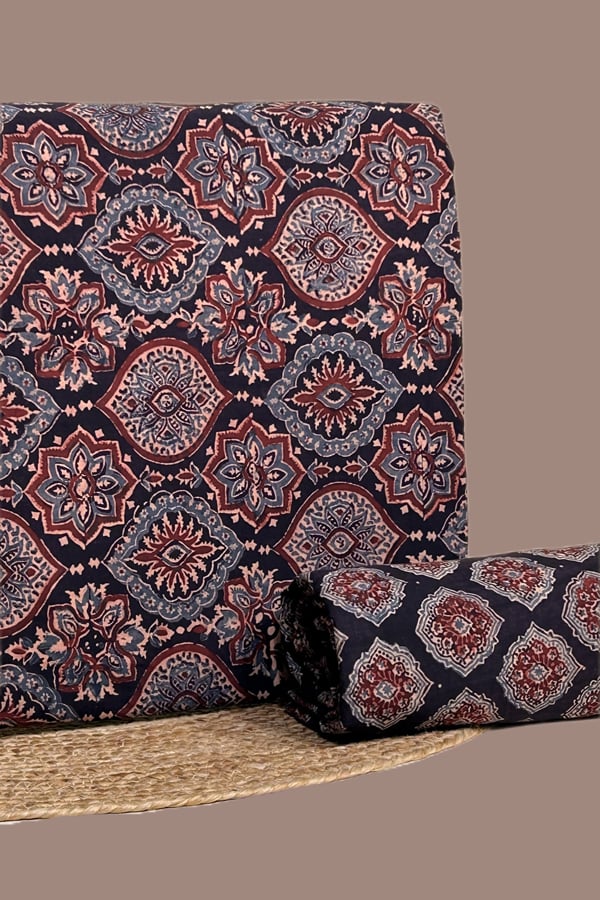 Black - 2pc Ajrakh HandCrafted Cotton Top and Bottom Cotton Fabric Set Black - 2pc Ajrakh HandCrafted Cotton Top and Bottom Cotton Fabric Set - Image 1