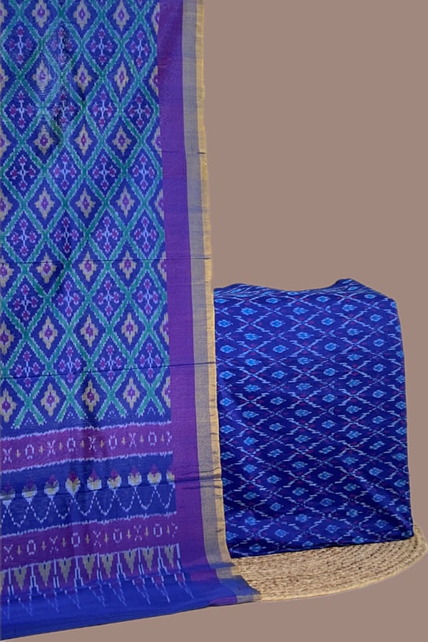 Blue - 2pc Premium Silk-Cotton Ikkat Dupatta and Soft Ikkat Cotton Silk Top Fabric Set Blue - 2pc Premium Silk-Cotton Ikkat Dupatta and Soft Ikkat Cotton Silk Top Fabric Set - Image 1