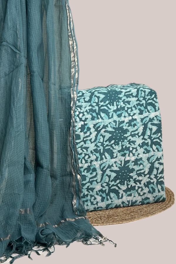 Green - 2pc Kota Doria Dupatta and Bagru HandBlock Pure Cotton Set Green - 2pc Kota Doria Dupatta and Bagru HandBlock Pure Cotton Set - Image 1