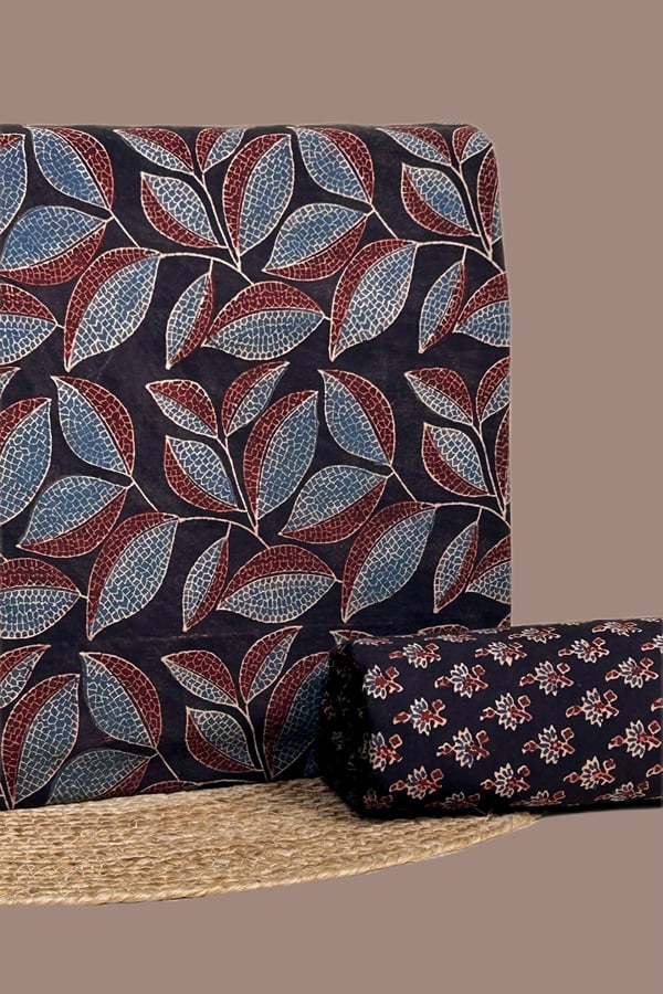 Black - 2pc Ajrakh HandCrafted Cotton Top and Bottom Cotton Fabric Set Black - 2pc Ajrakh HandCrafted Cotton Top and Bottom Cotton Fabric Set - Image 1