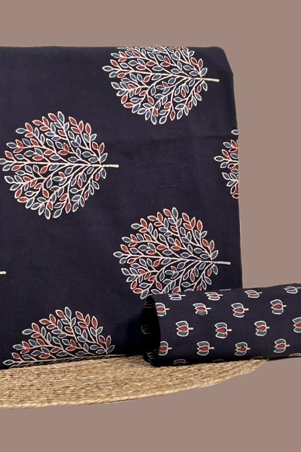 Black - 2pc Ajrakh HandCrafted Cotton Top and Bottom Cotton Fabric Set Black - 2pc Ajrakh HandCrafted Cotton Top and Bottom Cotton Fabric Set - Image 1