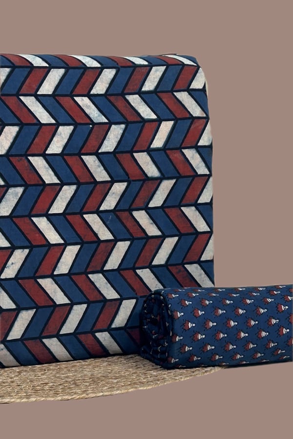 Blue - 2pc Ajrakh HandCrafted Cotton Top and Bottom Cotton Fabric Set