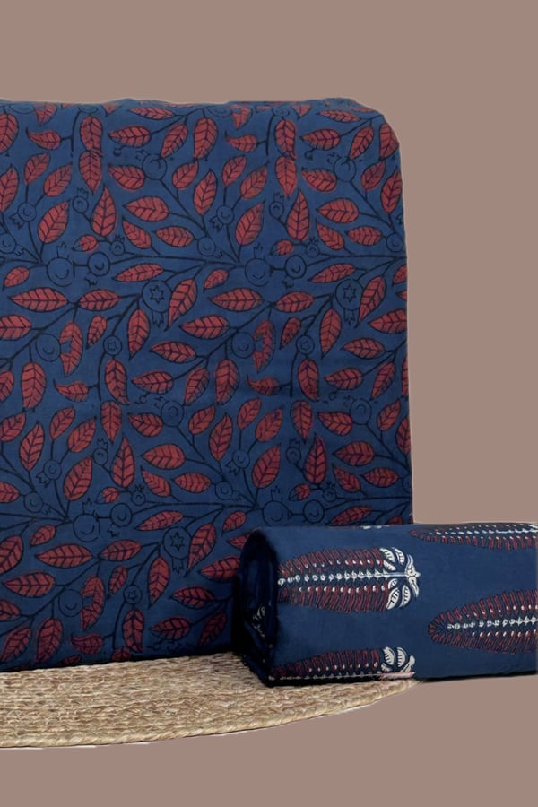 Blue - 2pc Ajrakh HandCrafted Cotton Top and Bottom Cotton Fabric Set Blue - 2pc Ajrakh HandCrafted Cotton Top and Bottom Cotton Fabric Set - Image 1