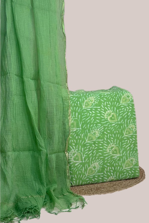 Green - 2pc Kota Doria Dupatta and Bagru HandBlock Pure Cotton Set Green - 2pc Kota Doria Dupatta and Bagru HandBlock Pure Cotton Set - Image 1