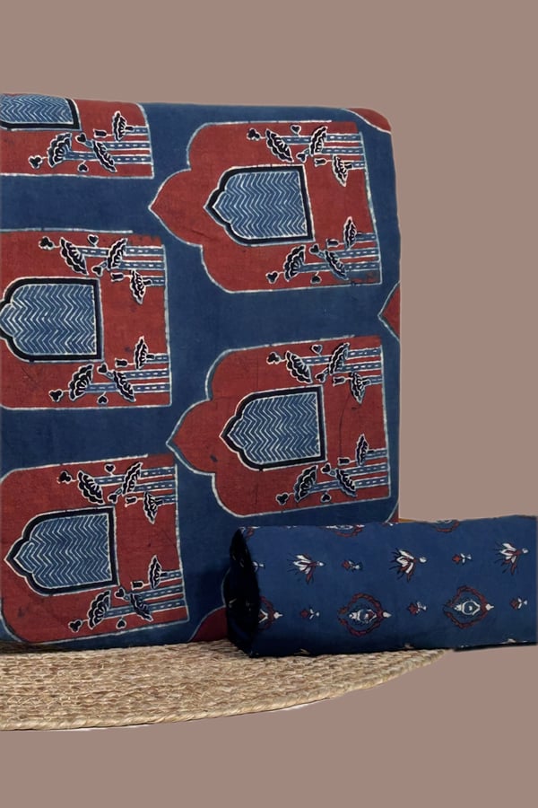 Blue - 2pc Ajrakh HandCrafted Cotton Top and Bottom Cotton Fabric Set Blue - 2pc Ajrakh HandCrafted Cotton Top and Bottom Cotton Fabric Set - Image 1