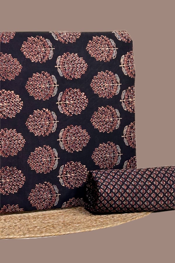 Black - 2pc Ajrakh HandCrafted Cotton Top and Bottom Cotton Fabric Set Black - 2pc Ajrakh HandCrafted Cotton Top and Bottom Cotton Fabric Set - Image 1