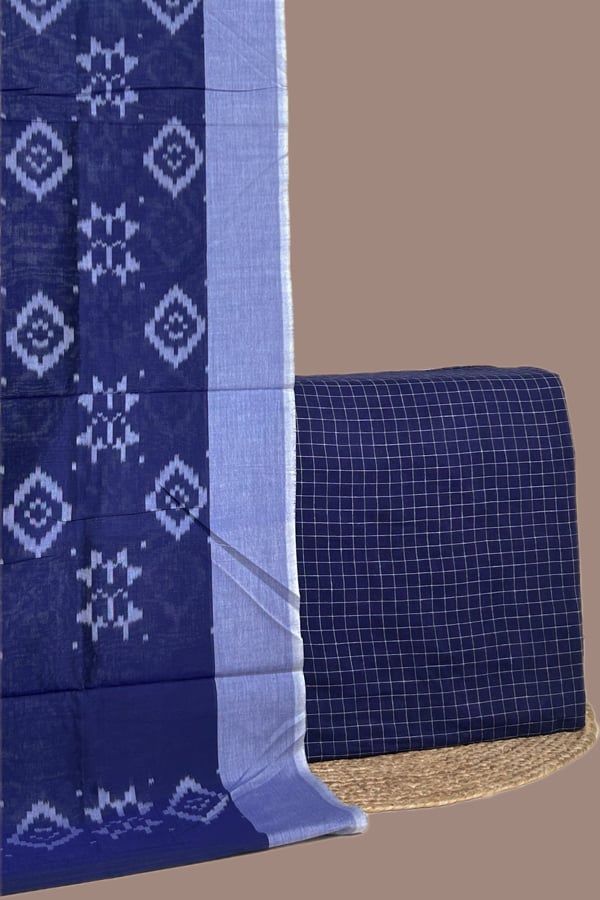 Blue - 2pc Ikkat Cotton Dupatta and Handloom Woven Checks Soft Cotton Top Fabric Set