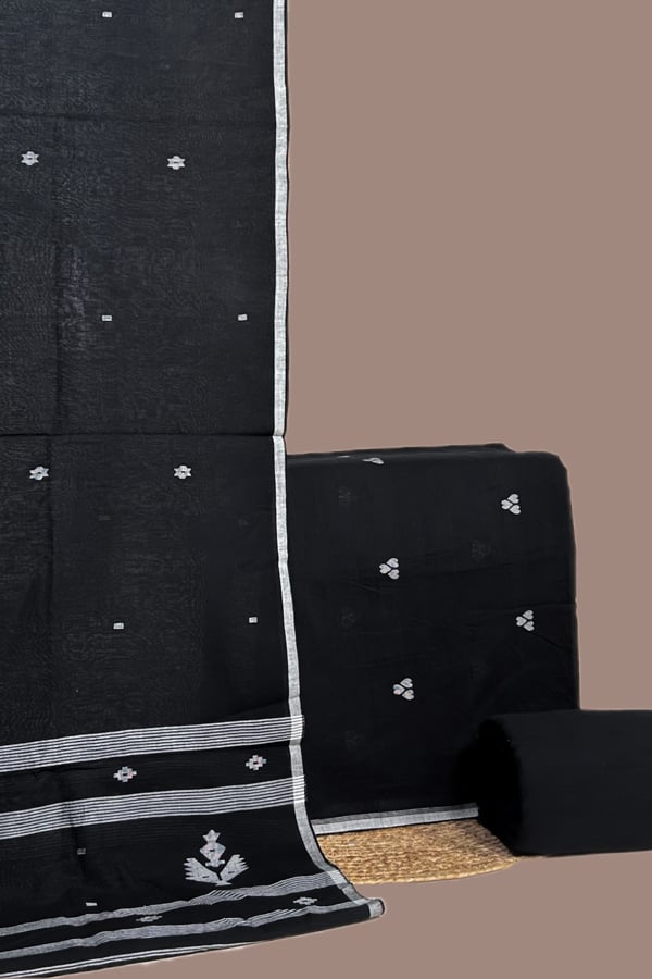 Black - 3Pc Handloom Cotton Dupatta with Woven Motif Top & Handloom Soft Cotton Bottom Fabric Set Black - 3Pc Handloom Cotton Dupatta with Woven Motif Top & Handloom Soft Cotton Bottom Fabric Set - Image 1