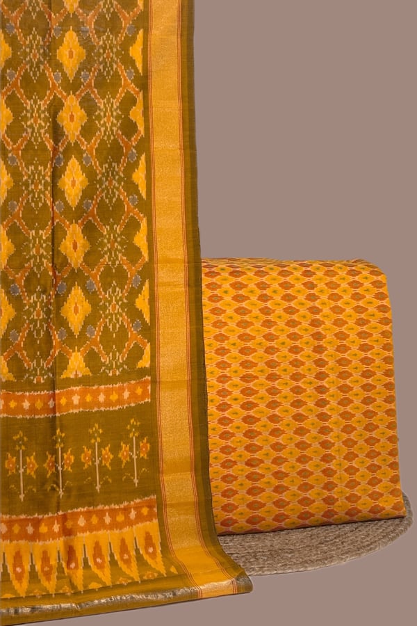 Yellow - 2pc Premium Silk-Cotton Ikkat Dupatta and Soft Ikkat Cotton Silk Top Fabric Set Yellow - 2pc Premium Silk-Cotton Ikkat Dupatta and Soft Ikkat Cotton Silk Top Fabric Set - Image 1