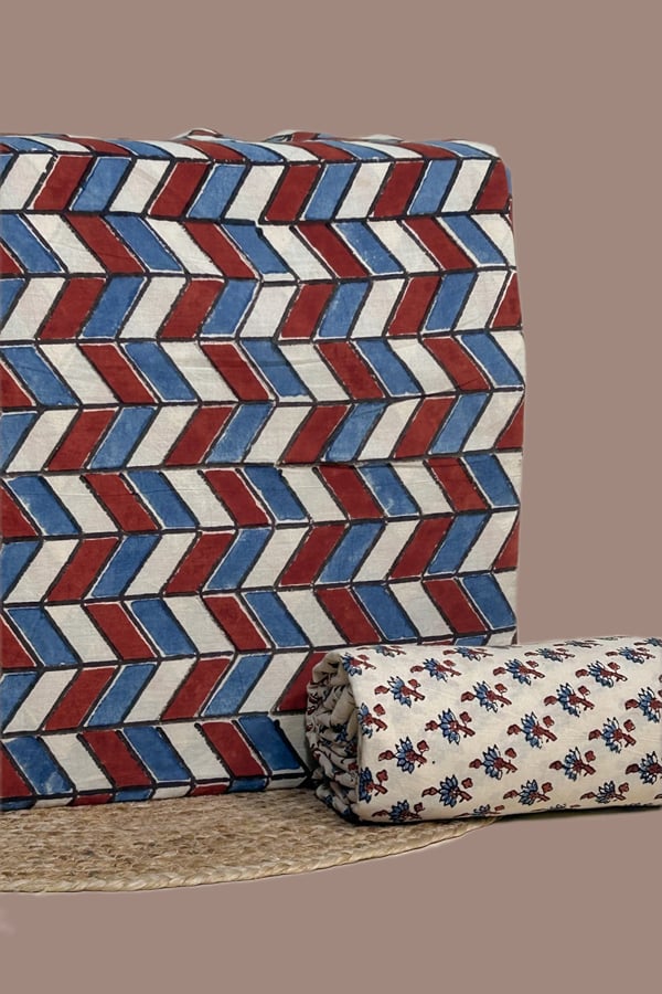 White - 2pc Ajrakh HandCrafted Cotton Top and Bottom Cotton Fabric Set