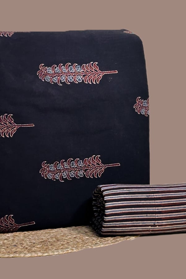 Black - 2pc Ajrakh HandCrafted Cotton Top and Bottom Cotton Fabric Set Black - 2pc Ajrakh HandCrafted Cotton Top and Bottom Cotton Fabric Set - Image 1