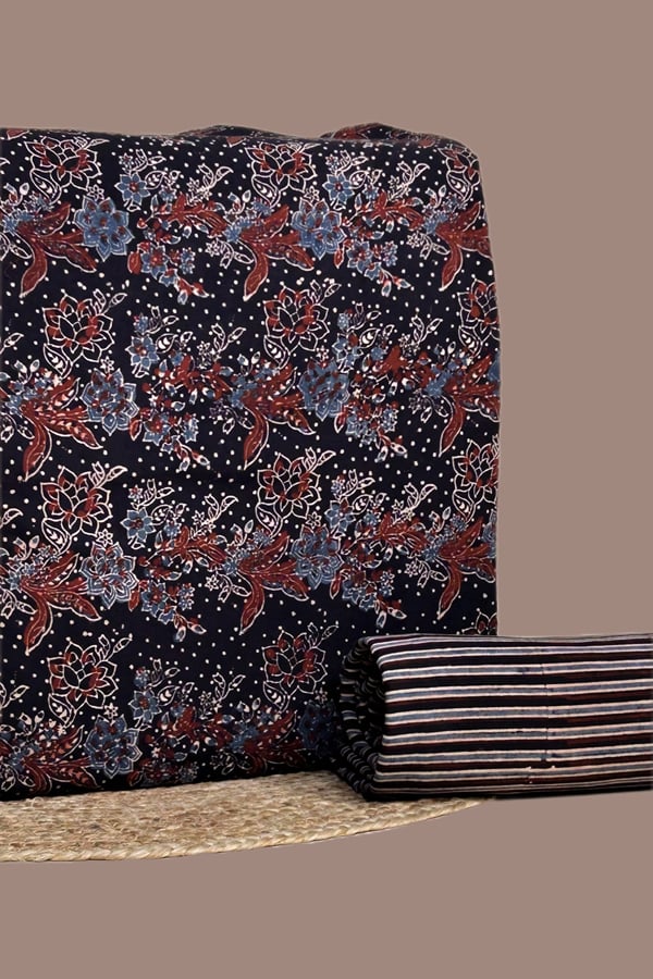 Black - 2pc Ajrakh HandCrafted Cotton Top and Bottom Cotton Fabric Set Black - 2pc Ajrakh HandCrafted Cotton Top and Bottom Cotton Fabric Set - Image 1