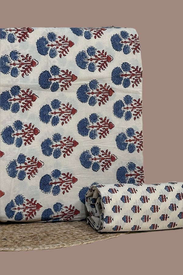 White - 2pc Ajrakh HandCrafted Cotton Top and Bottom Cotton Fabric Set White - 2pc Ajrakh HandCrafted Cotton Top and Bottom Cotton Fabric Set - Image 1