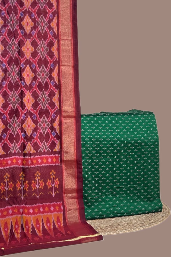 Green - 2pc Premium Silk-Cotton Ikkat Dupatta and Soft Ikkat Cotton Silk Top Fabric Set Green - 2pc Premium Silk-Cotton Ikkat Dupatta and Soft Ikkat Cotton Silk Top Fabric Set - Image 1