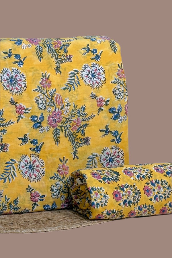 Yellow - 2pc Pure Soft Cotton Blockprinted Top and Bottom Fabric Set