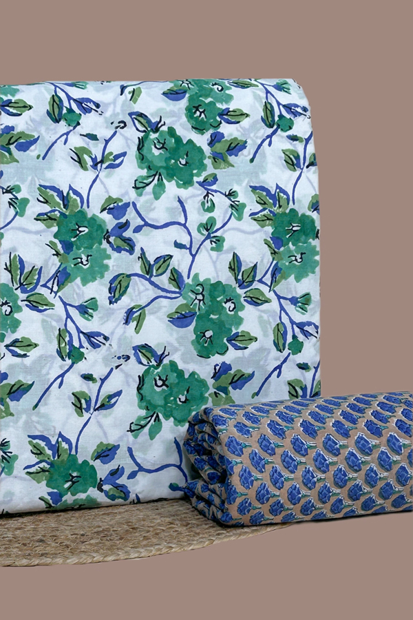 White - 2pc Pure Soft Cotton Blockprinted Top and Bottom Fabric Set