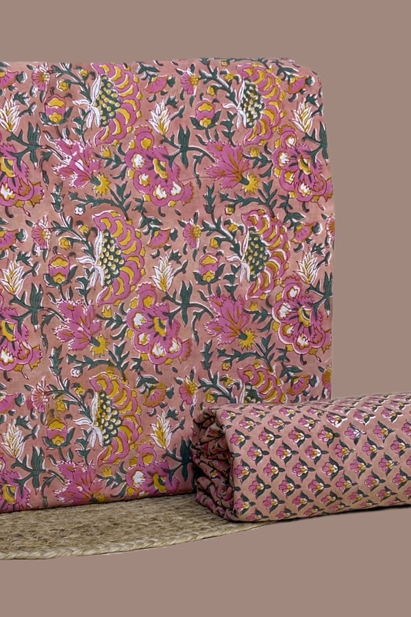 Pink - 2pc Pure Soft Cotton Blockprinted Top and Bottom Fabric Set