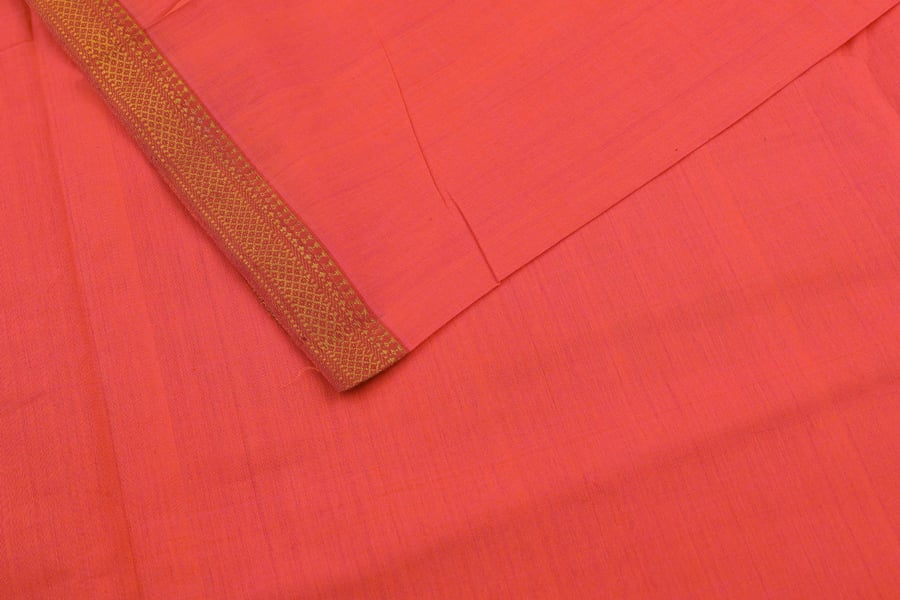 Sunset Orange Handwoven Zari Border Pure Cotton Fabric Sunset Orange Mangalgiri Nizam Zari Border Pure Cotton Fabric - Image 1