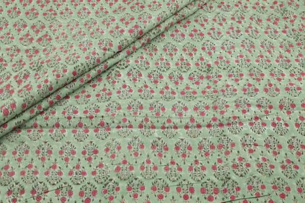 Pre-Cut 2.30m Tea Green Floral Handblock Printed 100% Pure Soft Cotton Fabric