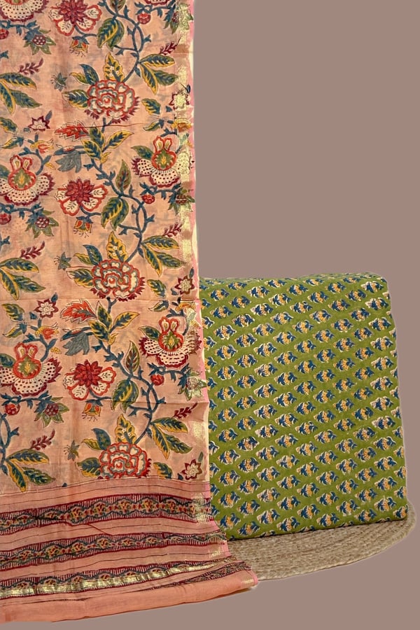 Green - 2Pc Chanderi Silk Dupatta and Pure Soft Cotton Top Fabric Set Green - 2Pc Chanderi Silk Dupatta and Pure Soft Cotton Top Fabric Set - Image 1