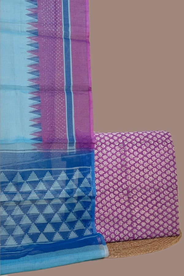 Pink - 2pc Kota Doria Dupatta and Pure Soft Cotton Blockprint Top Fabric Set Pink - 2pc Kota Doria Dupatta and Pure Soft Cotton Blockprint Top Fabric Set - Image 1