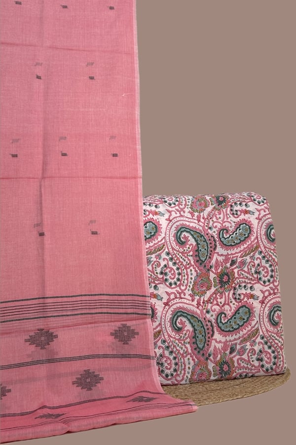 Pink - 2pc Handloom Cotton Dupatta and Pure Soft Cotton Top Set Pink - 2pc Handloom Cotton Dupatta and Pure Soft Cotton Top Set - Image 1