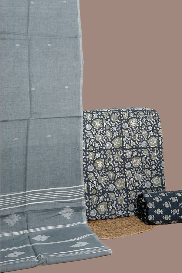 Black - 3pc Handloom Soft Cotton Dupatta with Pure Soft Cotton Top & Bottom Set Black - 3pc Handloom Soft Cotton Dupatta with Pure Soft Cotton Top & Bottom Set - Image 1