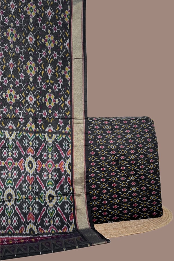 Black - 2pc Premium Silk-Cotton Ikkat Dupatta and Soft Ikkat Cotton Silk Top Fabric Set Black - 2pc Premium Silk-Cotton Ikkat Dupatta and Soft Ikkat Cotton Silk Top Fabric Set - Image 1