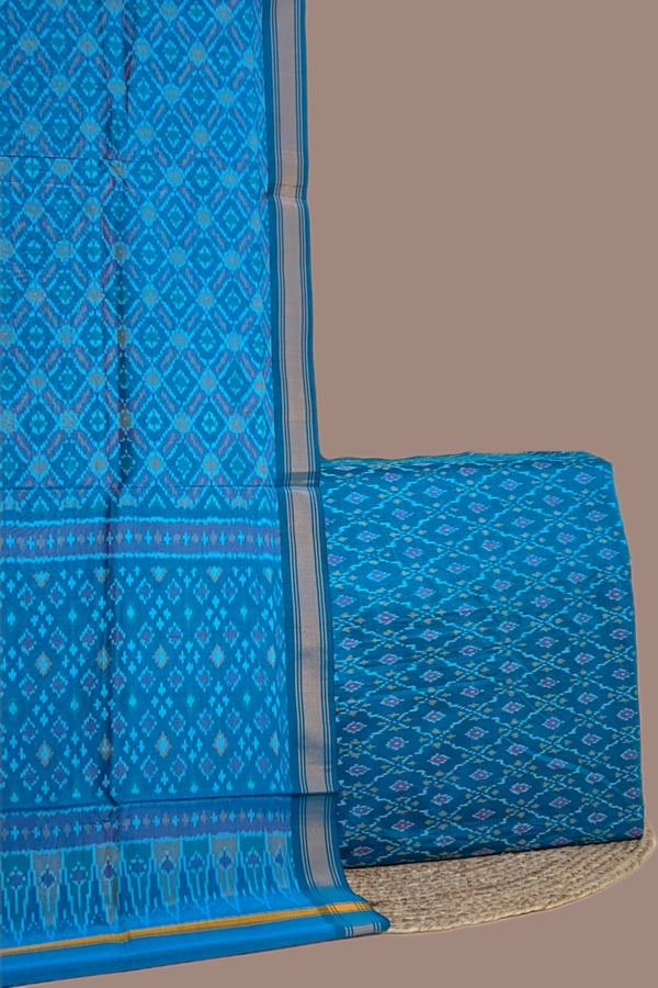 Blue - 2pc Premium Silk-Cotton Ikkat Dupatta and Soft Ikkat Cotton Silk Top Fabric Set Blue - 2pc Premium Silk-Cotton Ikkat Dupatta and Soft Ikkat Cotton Silk Top Fabric Set - Image 1