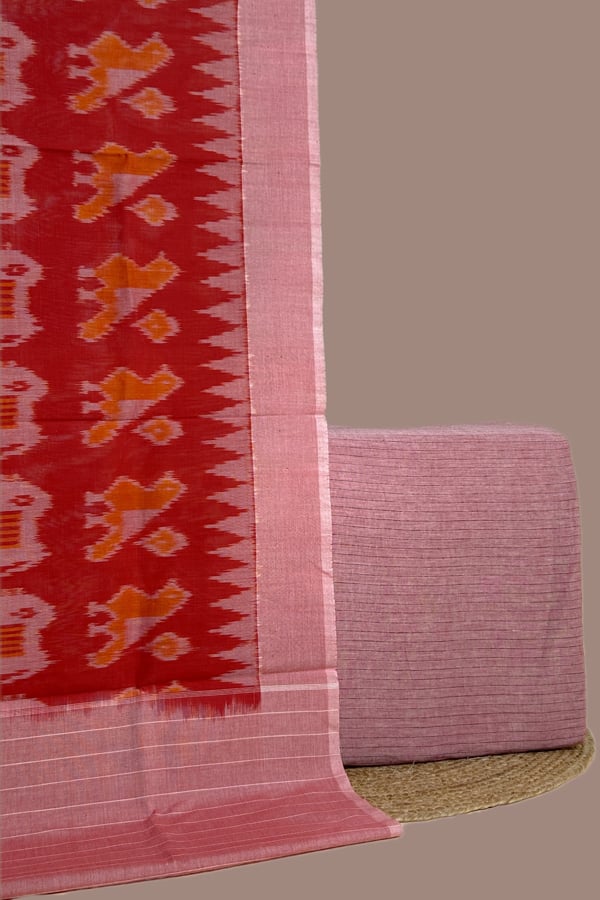 Pink - 2pc Ikkat Cotton Dupatta and Handloom Woven Stripes Soft Cotton Top Fabric Set