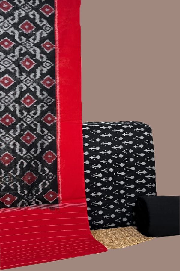 Black - 3pc Ikkat Cotton Dupatta with Soft Ikkat Top And Handloom Soft Cotton Bottom Set