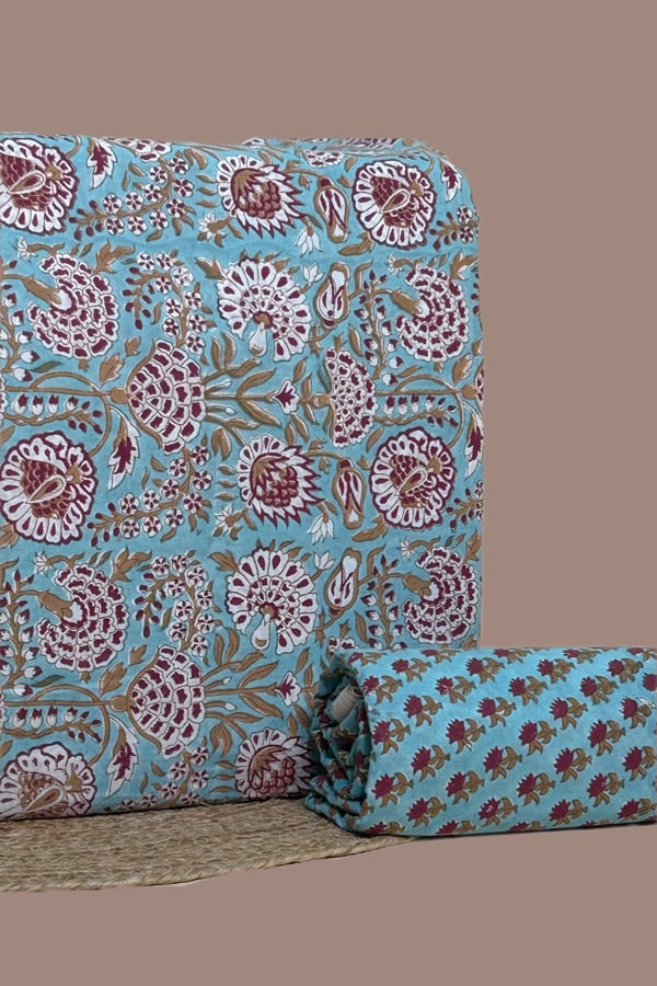 Blue - 2pc Pure Soft Cotton Blockprinted Top and Bottom Fabric Set