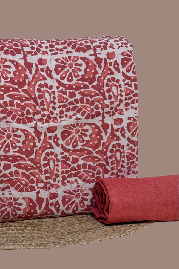 Orange - 2pc Bagru HandCrafted Top and Handloom Soft Cotton Bottom Fabric Set
