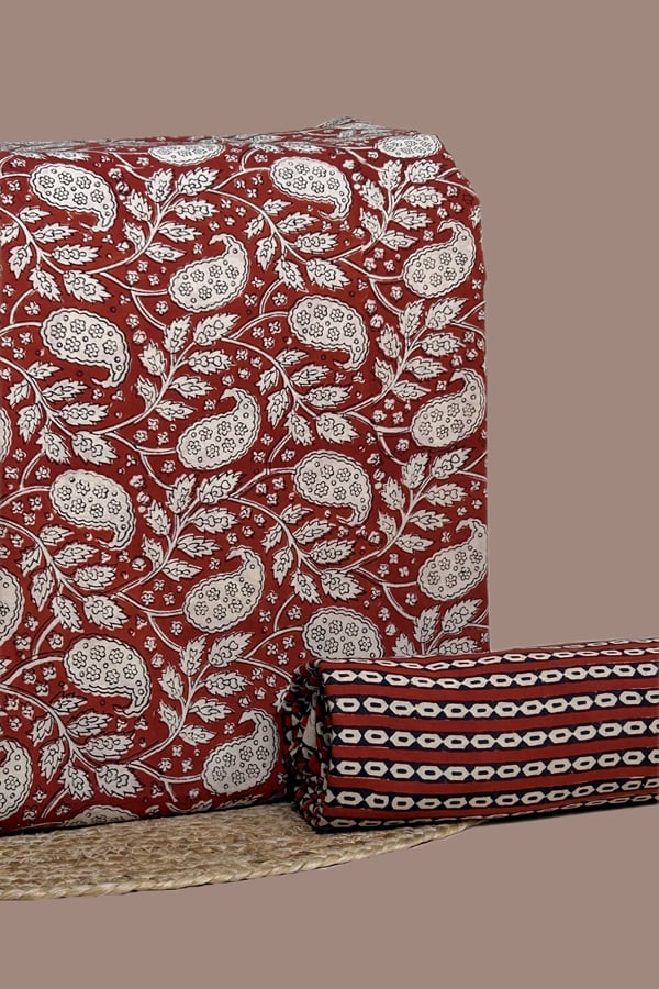 Red - 2pc Bagru HandCrafted Top and Bottom Cotton Fabric Set Red - 2pc Bagru HandCrafted Top and Bottom Cotton Fabric Set - Image 1